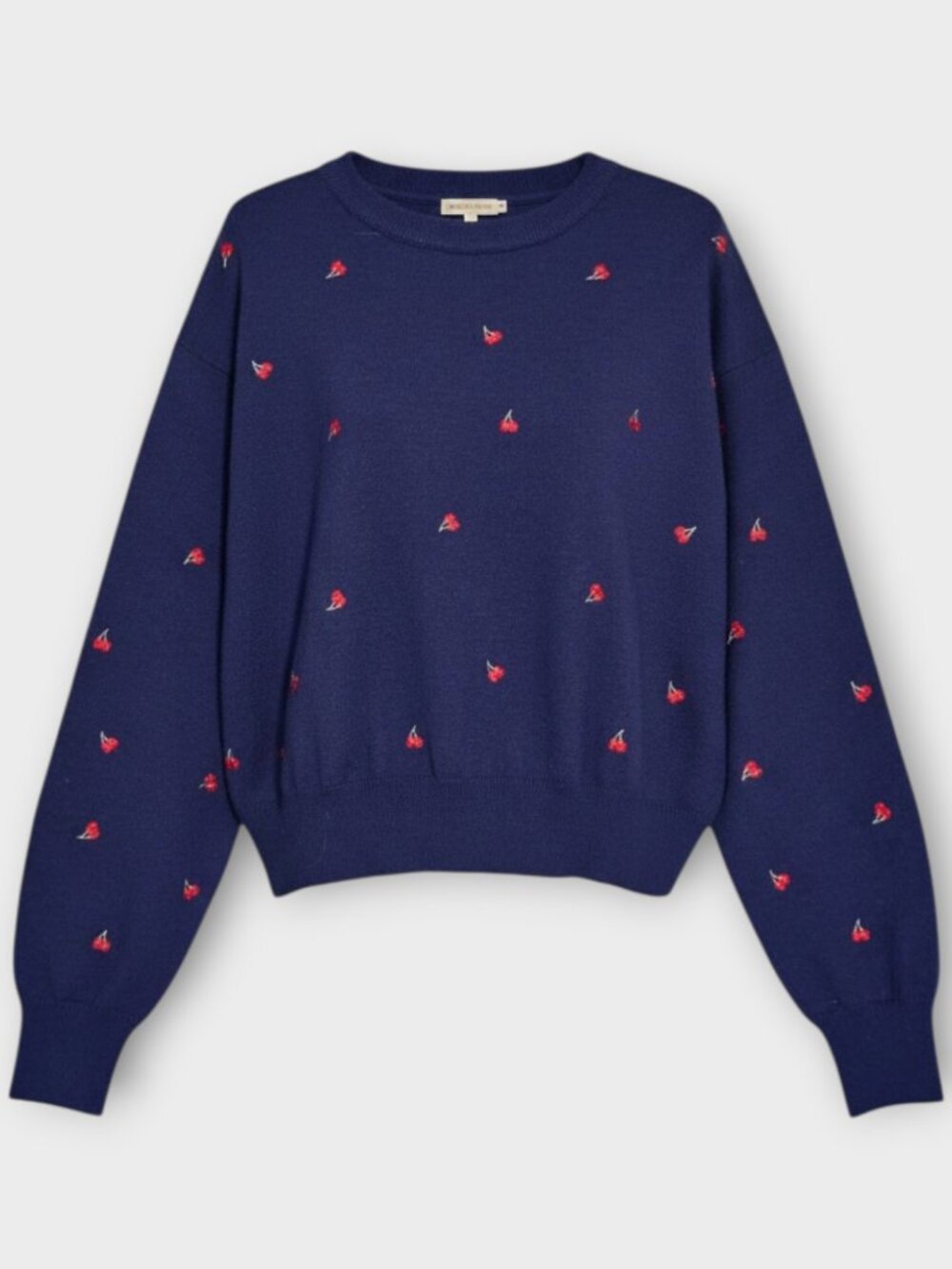 NWOT Urban Weekend Cherry Sweater Women’s Medium Navy Blue Embroidered Crewneck